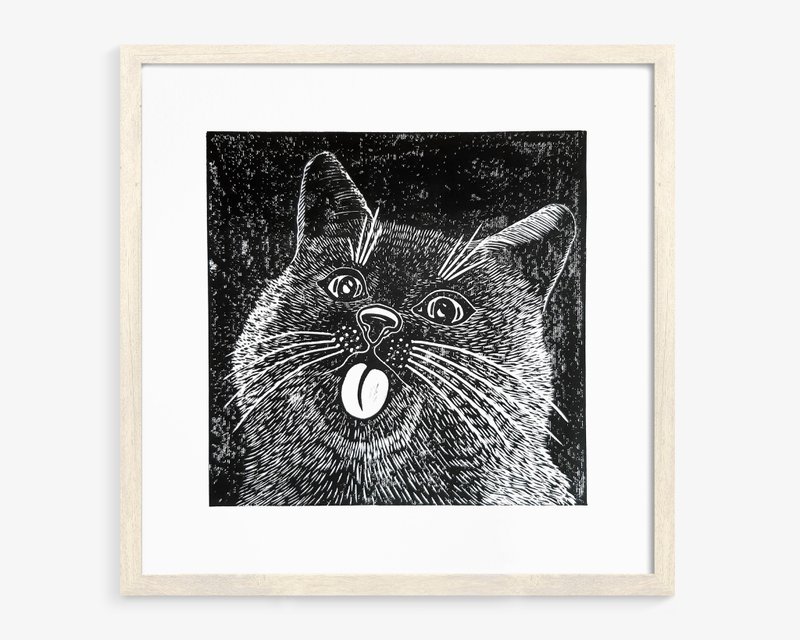 Black funny portrait cat Linocut print Original relief artwork wall art decor - โปสเตอร์ - กระดาษ สีดำ