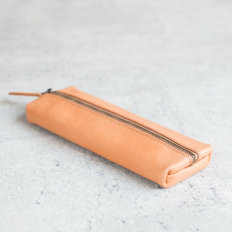 Vegetable Tanned Cowhide Original Color Rectangular Leather Pencil Case (Long) - Pencil Cases - Genuine Leather Orange
