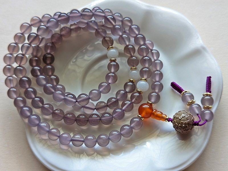 ORLI Jewelry Natural Purple Chalcedony 108 Rosary Beads Purple Jade Onyx 108 Buddha Beads Alashan - Necklaces - Crystal Purple