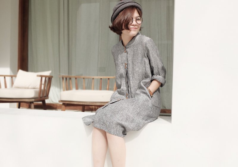 Toki Dress - Grey Linen - ชุดเดรส - ผ้าฝ้าย/ผ้าลินิน สีเทา
