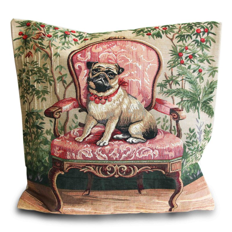 European royal jacquard pillow knitted limited edition 1 antique pug pug on the chair - หมอน - ผ้าฝ้าย/ผ้าลินิน 