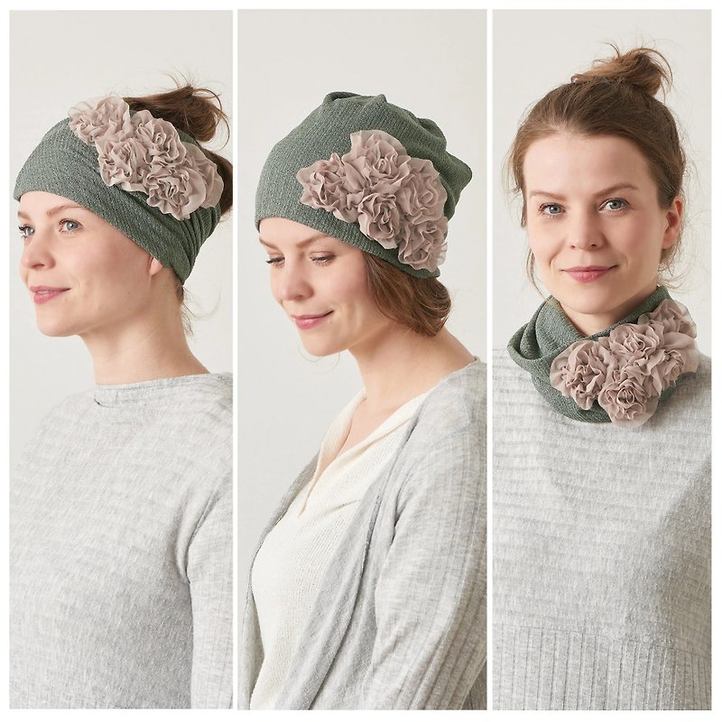 Womens Floral Beanie, Flower Circle Scarf, Chemo Head Cover, Neck Gaiter, 3 in 1 - Hats & Caps - Polyester Green