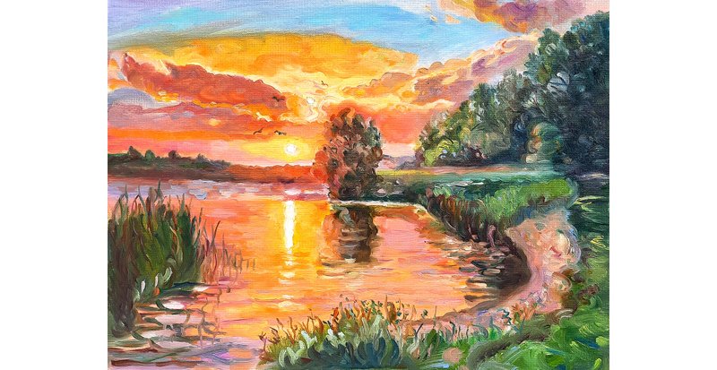 Sunset 2  Painting  Original Art Nature Artwork  Oil Painting Oil on Cardboard - 壁貼/牆壁裝飾 - 其他材質 橘色