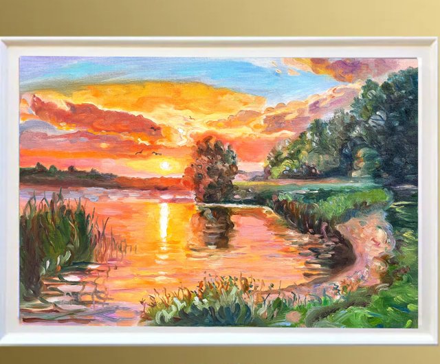 夕日2 絵画 オリジナルアート 自然アートワーク 油絵 段ボールの
