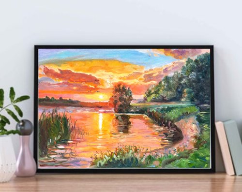 夕日2 絵画 オリジナルアート 自然アートワーク 油絵 段ボールの