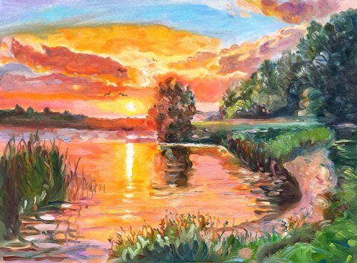 夕日2 絵画 オリジナルアート 自然アートワーク 油絵 段ボールの
