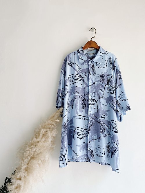 河水山 淺藍浪漫夏季樹蔭 古著絲質夏威夷襯衫上衣 vintage Aloha Shirt