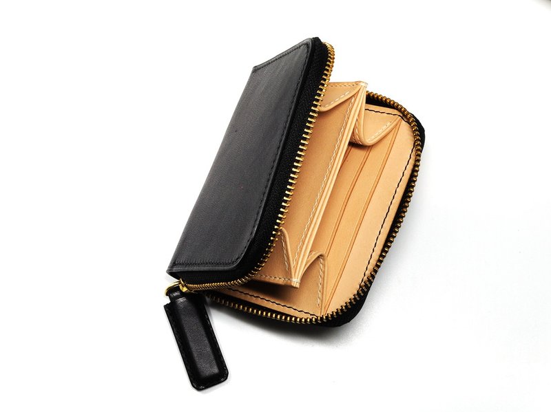 U-shaped zipper short clip coin purse card holder contrasting color version classic black can be customized - Wallets - Genuine Leather Black