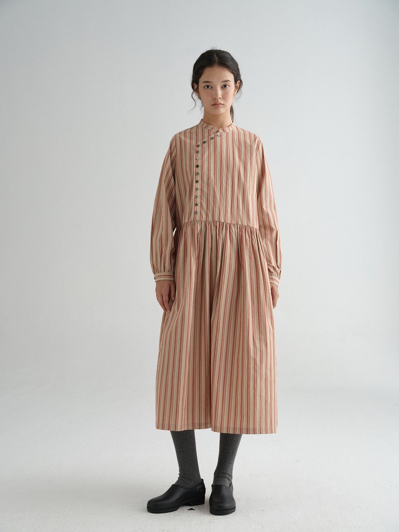 色織匹馬棉細條紋改良中式多扣連衣裙洋裝 - 連身裙 - 棉．麻 多色