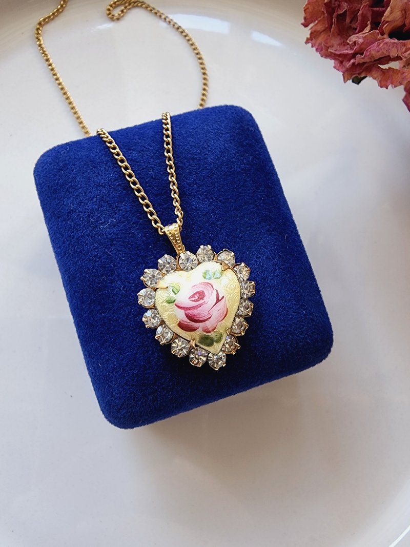 American Western Antique Jewelry/Elegant Love Rhine Frame Enamel Floral Necklace/Vintage Jewelry - สร้อยคอ - วัสดุอื่นๆ 