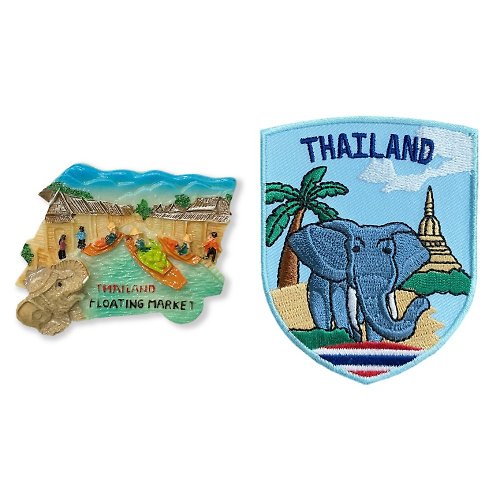 A-ONE 泰國 水上市場 綠冰箱裝飾磁鐵+泰國 大象 臂章【2件組】彩色磁
