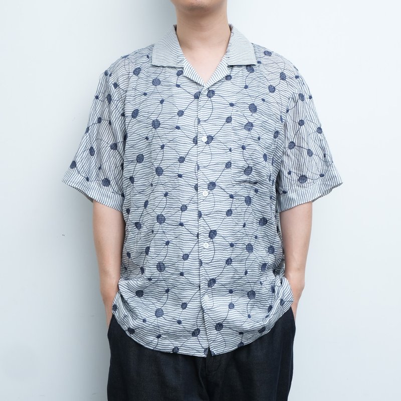 KAIKAI - Insomnia - 刺繡波點棉麻古巴襯衫 - 男襯衫/休閒襯衫 - 棉．麻 藍色