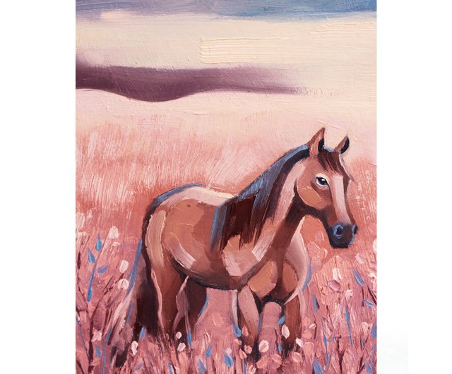 馬の風景画 絵画　森　アート 馬の絵画 風景画 オリジナルアート 動物のアートワーク 農場の壁