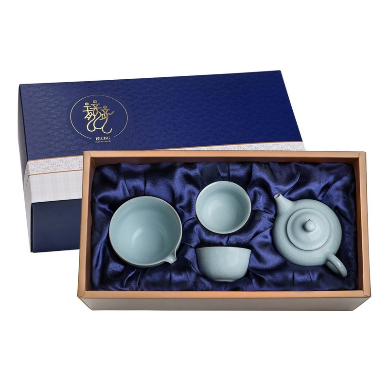 Celadon Ru kiln (Tixiang pot + male cup + 2 incense cups) 4-piece gift box - Teapots & Teacups - Pottery Blue