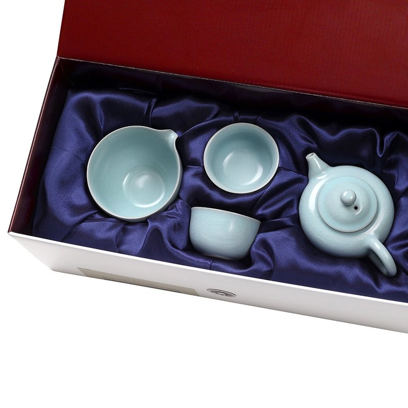 青瓷汝窯(提香壺+公杯+2品香杯)4入禮盒 - 茶壺/茶杯/茶具 - 陶 藍色
