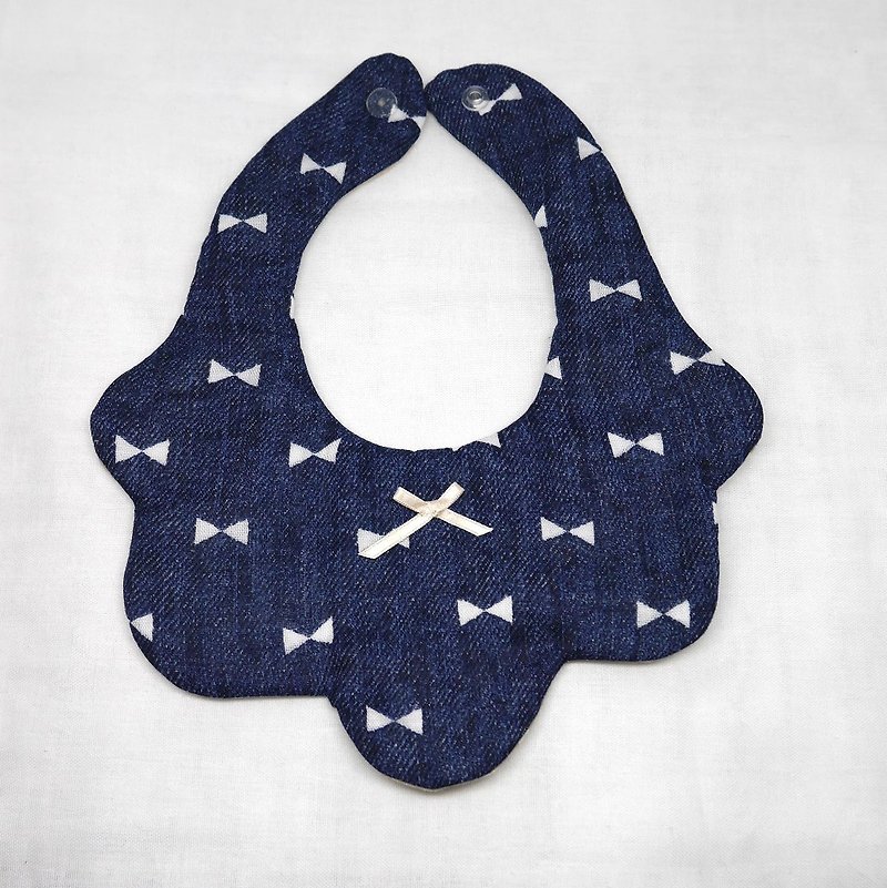 Japanese Handmade 8-layer-gauze Baby Bib/denimish gauze ribbon - ผ้ากันเปื้อน - ผ้าฝ้าย/ผ้าลินิน สีน้ำเงิน