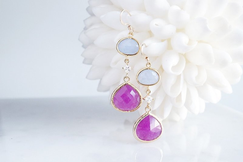 [Procida] 14KGF Earrings (Purple x Powder Blue) - Earrings & Clip-ons - Glass Purple
