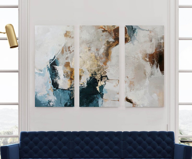 Blue and Gold Painting | Blue Abstract Wall Art | Avalanche 3 Triptych - 壁貼/牆壁裝飾 - 棉．麻 藍色