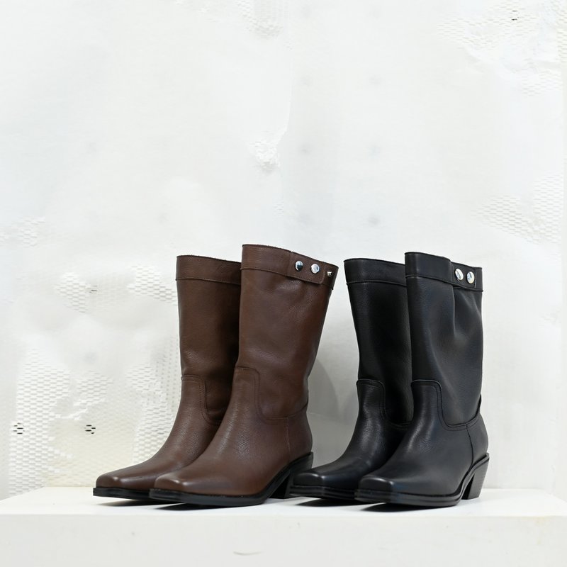 方頭西部粗跟靴-二段式筒圍-棕色 - 女短靴/中筒靴 - 真皮 咖啡色