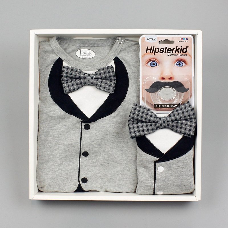 美國FMC X Hipsterkid 男嬰禮盒-貝嗑漢宴會版 連身衣+圍兜+奶嘴 - 滿月禮物 - 棉．麻 灰色