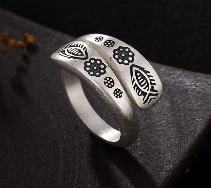 Real 990 Silver Jewelry Engraved Tribe Totem Fishes Flowers Opening Rings Women - แหวนทั่วไป - เงินแท้ สีเงิน