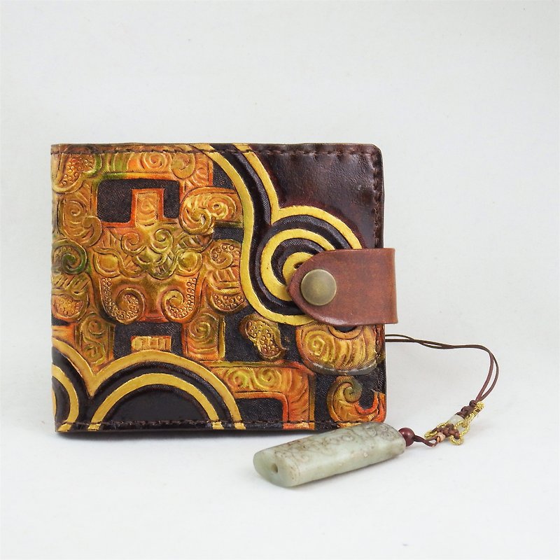 Yunlong figure hand-made leather leather carving short clip - Wallets - Genuine Leather Brown