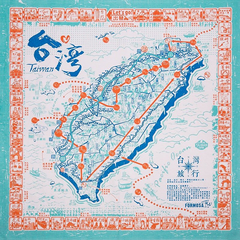 【舊款】環島旅行布地圖(藍) - 地圖 - 棉．麻 藍色