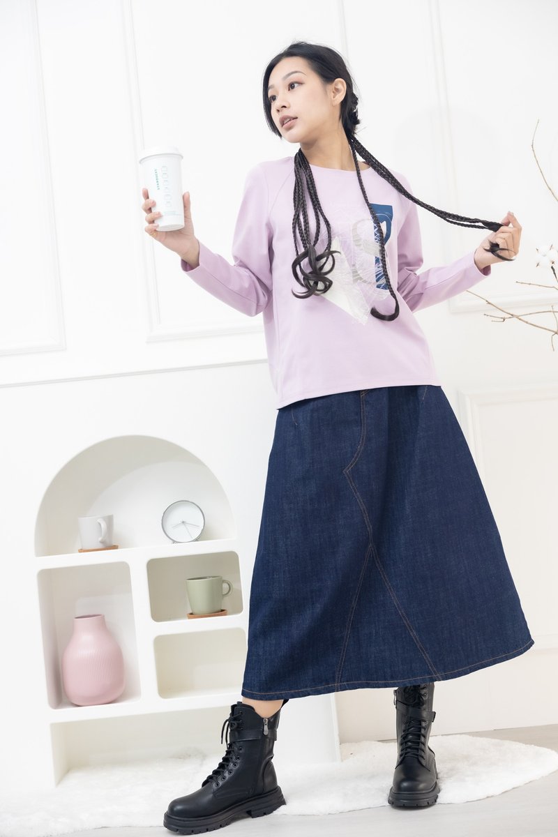 電繡抽象畫長袖上衣 藕紫色 - 女上衣/長袖上衣 - 其他材質 紫色