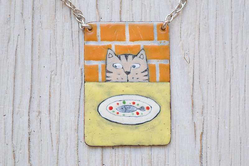 Fish and Cat, Fish Dinner, Cat Necklace, Enamel Necklace, White Cat, Restaurant - Necklaces - Enamel Orange