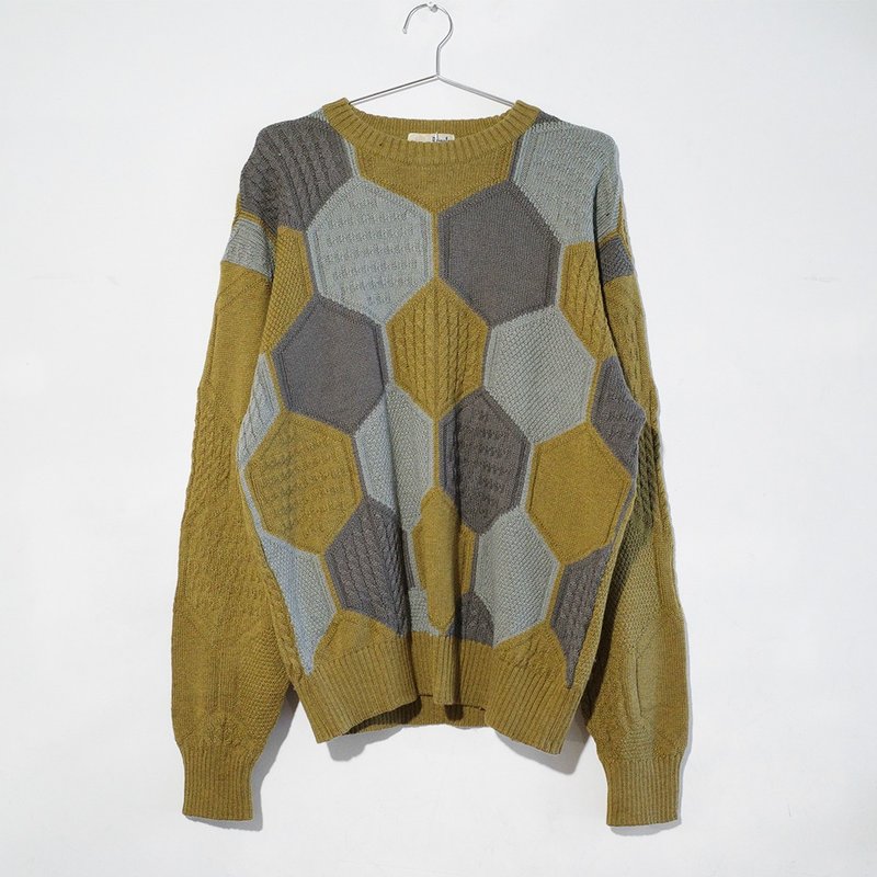 Retro sweater vintage sweater vintage sweater 100% pure wool hexagonal geometry R00357 - สเวตเตอร์ผู้ชาย - ขนแกะ สีเหลือง