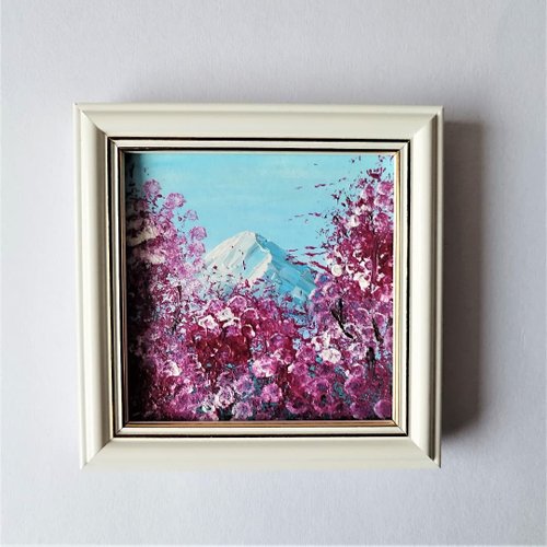 アクリル画（山桜） インテリアに桜をあしらったアクリル画。フィジー山ミニ絵