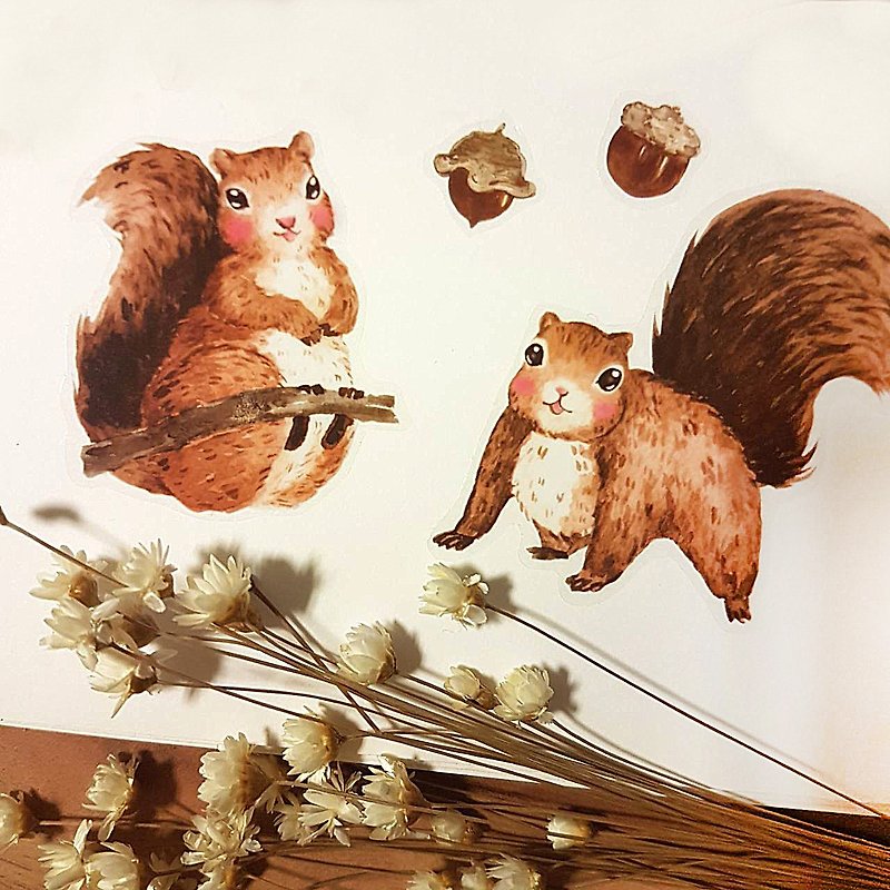 Squirrel and Acorn Transparent Sticker - สติกเกอร์ - กระดาษ สีนำ้ตาล