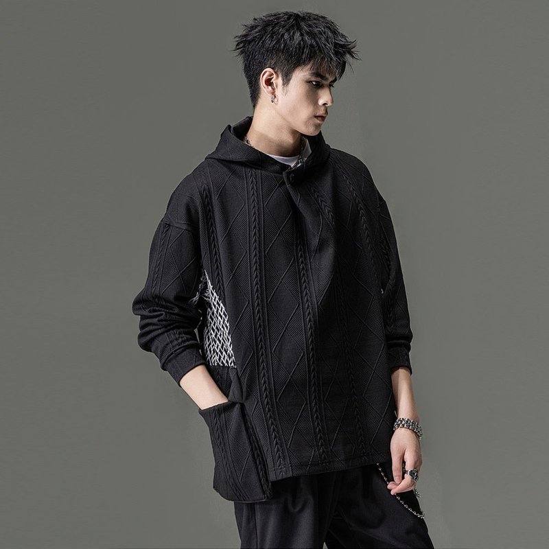 Stitching hooded fleece man hitting scene jacquard knitting leisure coat - Men's T-Shirts & Tops - Polyester Black