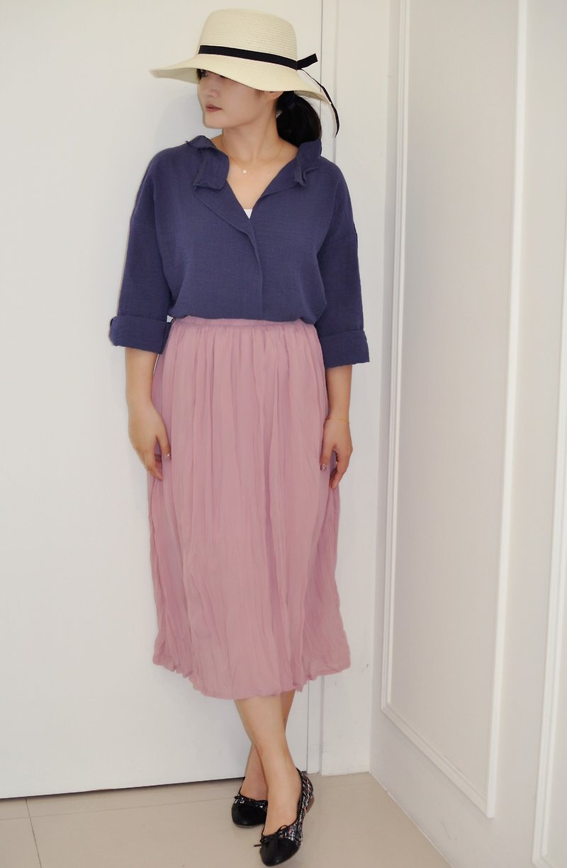 Flat 135 X Taiwan designer series dry rose color pleated fabric elastic waist long skirt pleated skirt comfortable and breathable summer style - Skirts - Polyester Pink