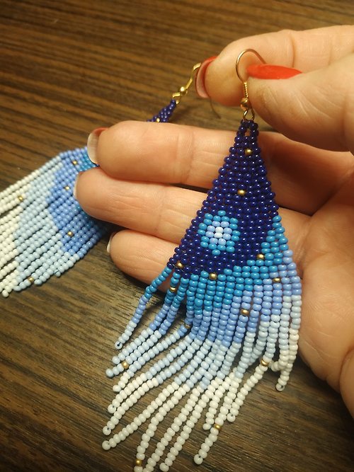White Bird gallery of exquisite jewelry from Halyna Nalyvaiko Blue beaded earrings Long moon fringe earrings Long beaded earrings Boho earring