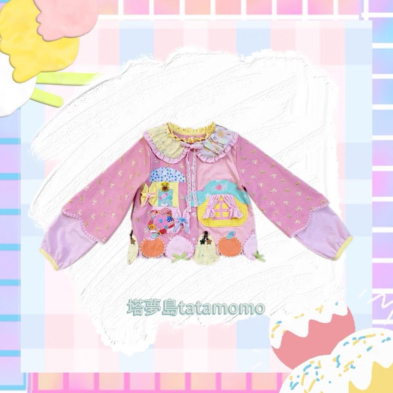 水果拼貼派對粉色小熊印花水果襯衫 - 女上衣/長袖上衣 - 棉．麻 粉紅色