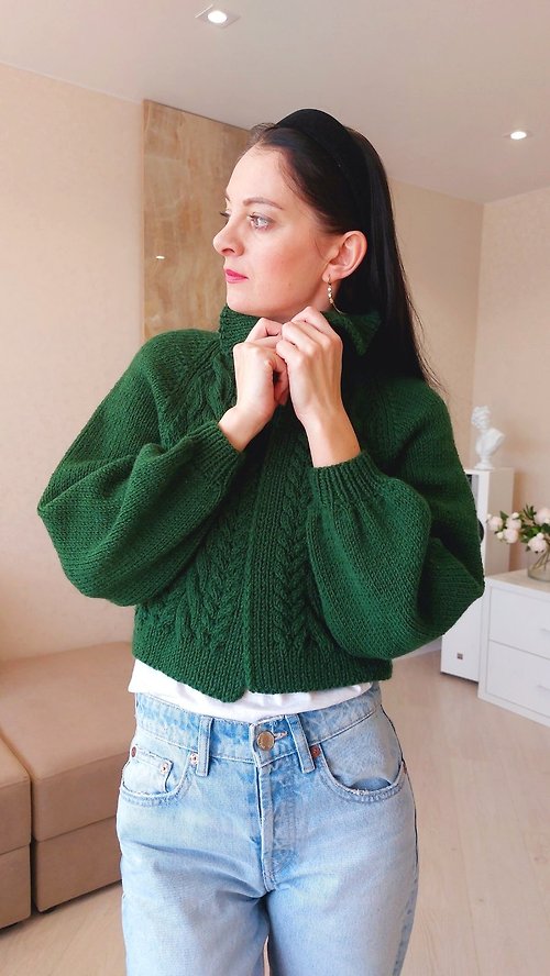 Green sweater jacket Cable sweater Wool short jacket Knit cardigan coat  women S - Shop Scarlet Sails Shop Women's Sweaters - Pinkoi