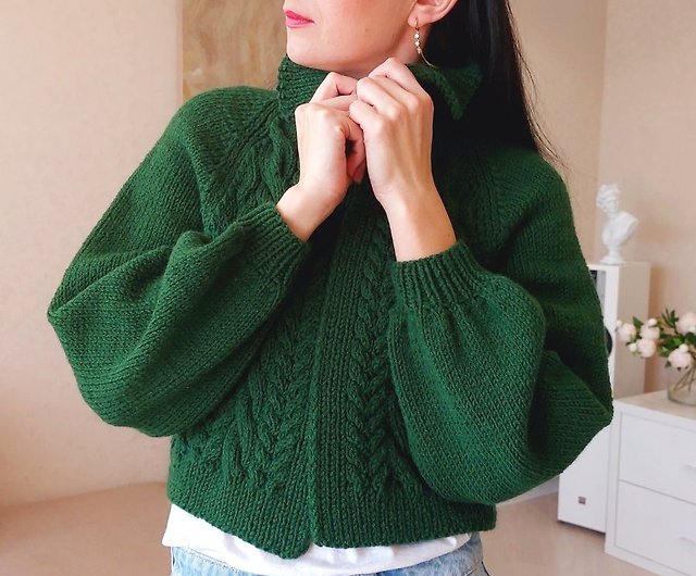 Green sweater jacket Cable sweater Wool short jacket Knit cardigan