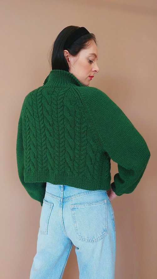 Green sweater jacket Cable sweater Wool short jacket Knit cardigan coat  women S - Shop Scarlet Sails Shop Women's Sweaters - Pinkoi
