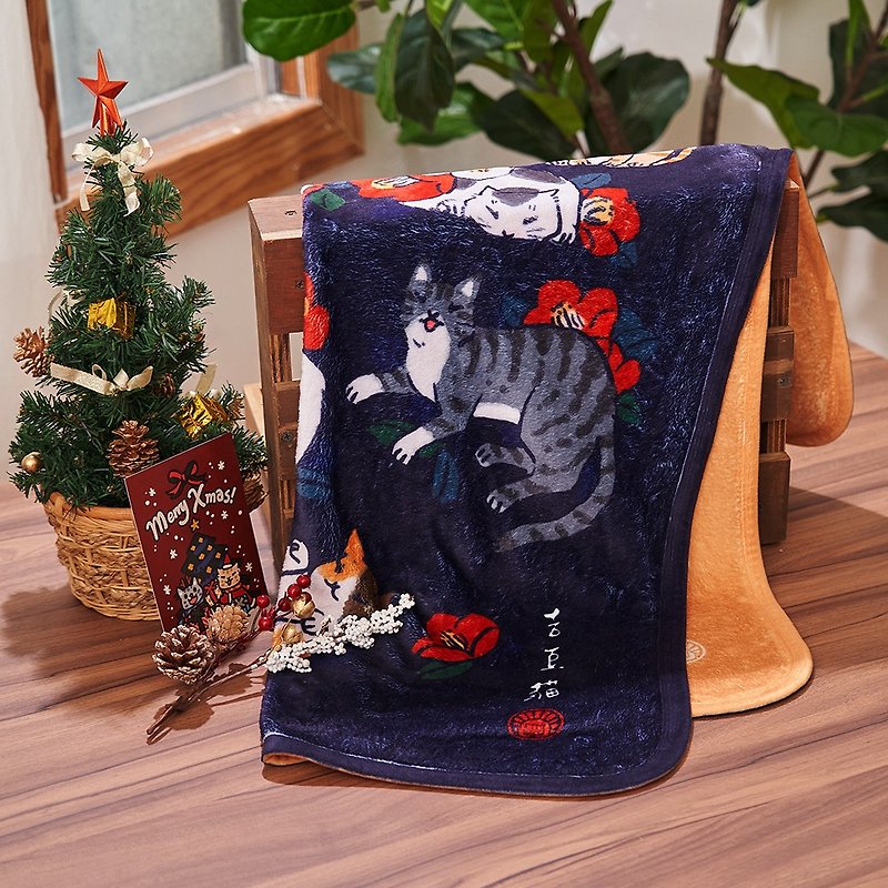 Nine Cats Blessing Air-Conditioning Blanket - Chunhua【HitoCat Jidou Cat】Valentine's Day Gift and New Year's Gift Warm - ผ้าห่ม - ผ้าฝ้าย/ผ้าลินิน สีน้ำเงิน