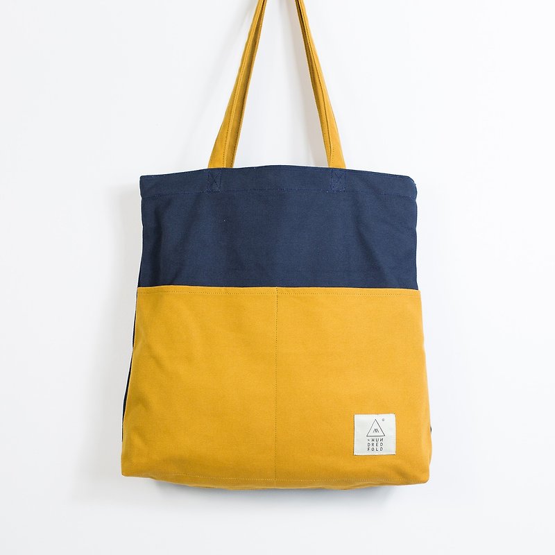 COTTON BAG: Traveller Basic Backpack - Mustard & Navy - กระเป๋าถือ - ผ้าฝ้าย/ผ้าลินิน 