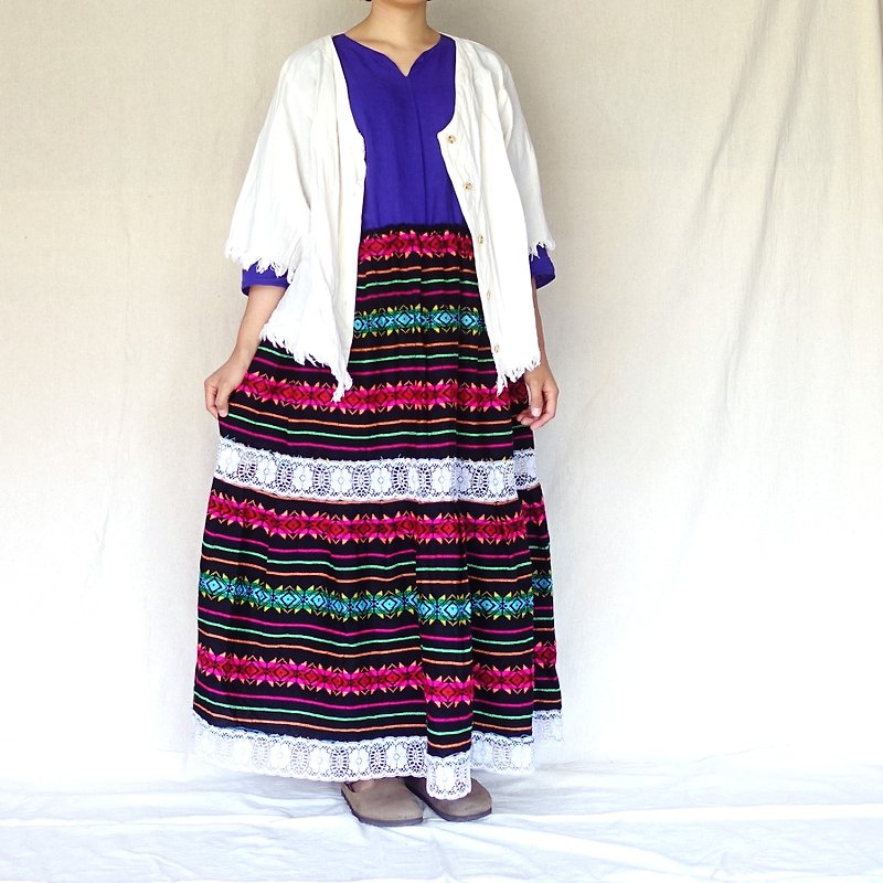 BajuTua / vintage / Mexican rainbow yarn woven round dress - Skirts - Polyester Black