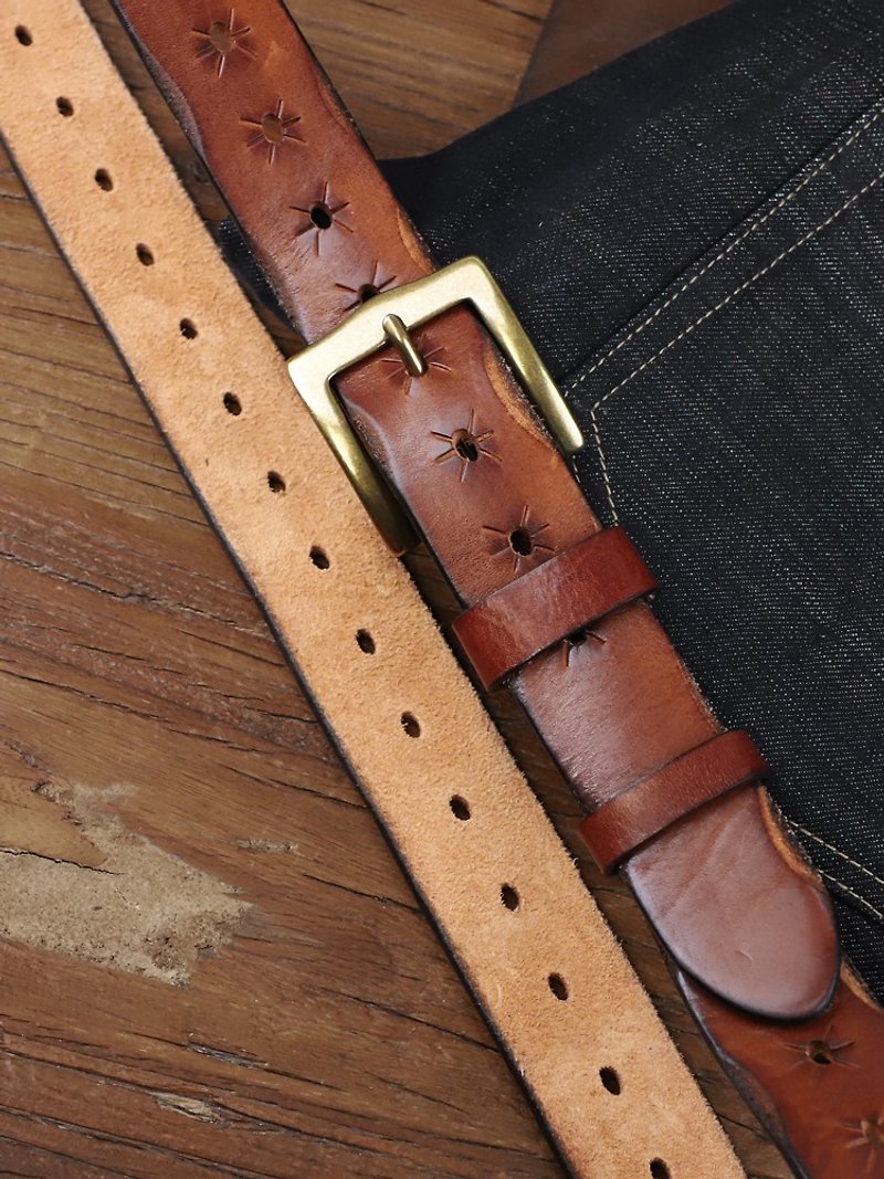 復古植鞣革牛皮帶 素色針扣腰帶 36mm寬男士休閒 - 皮帶/腰帶 - 真皮 咖啡色