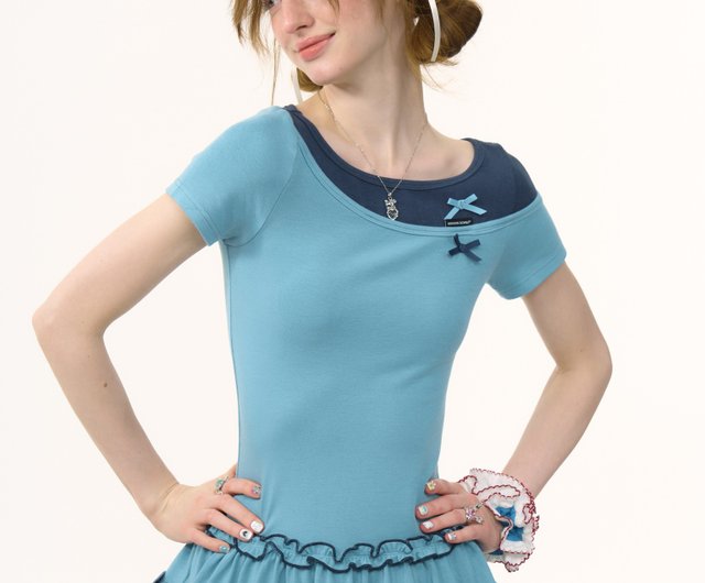 Round Neck Short Sleeve Stitching Bow T-Shirt Round Neck Short Sleeve Stitching Bow T-Shirt