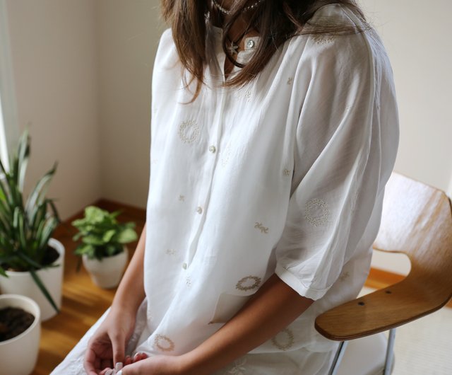 Sleeve and body raglan cocoon embroidered shirt pure ramie half