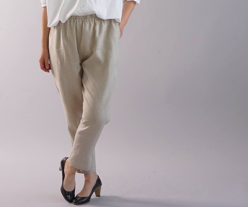 wafu   linen pants / tapered / elastic band / long length / with pockets /bo1-46 - กางเกงขายาว - ลินิน สีกากี
