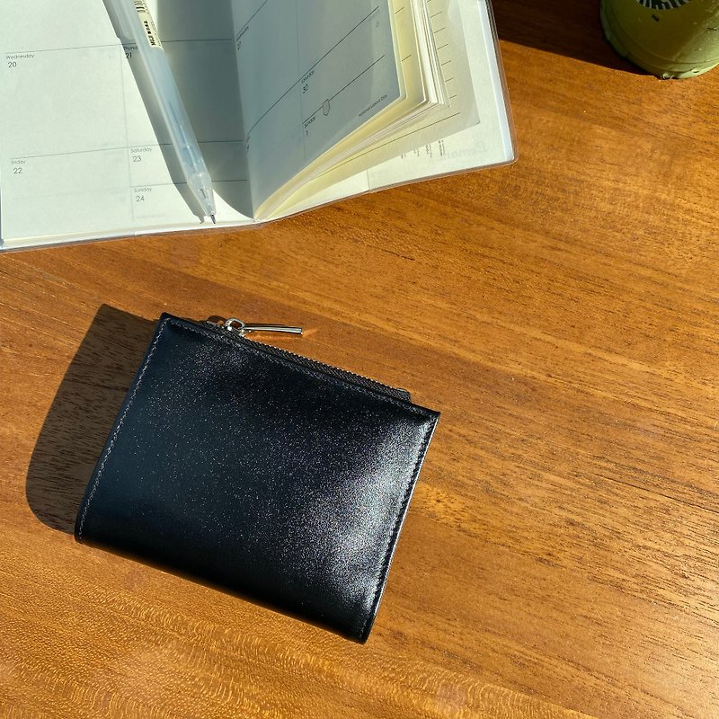 短夾包 真皮皮夾 Minimalist Slim Leather wallet -Black&Silver - 長短皮夾/錢包 - 真皮 黑色