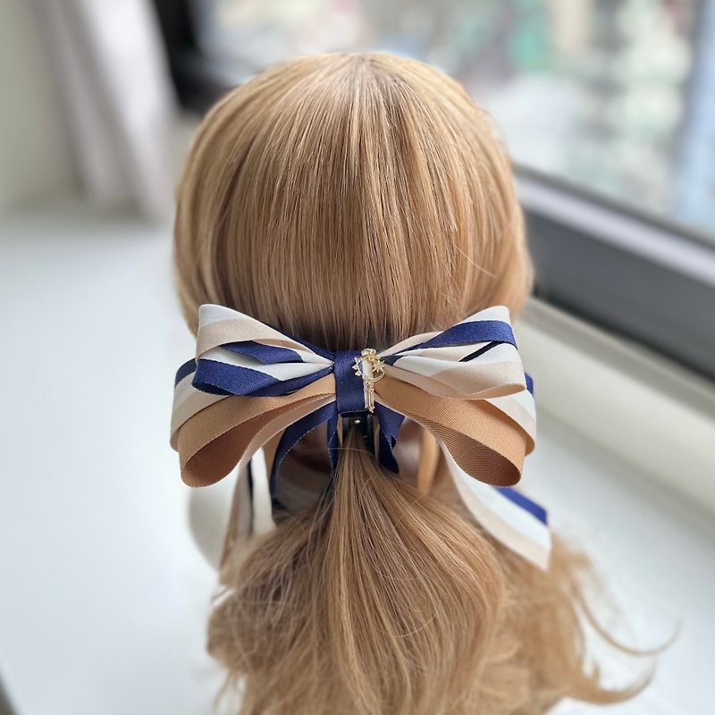 Exclusive line three-dimensional bow intersecting clip banana clip fairy clip hair clip - navy blue - Hair Accessories - Other Materials Blue