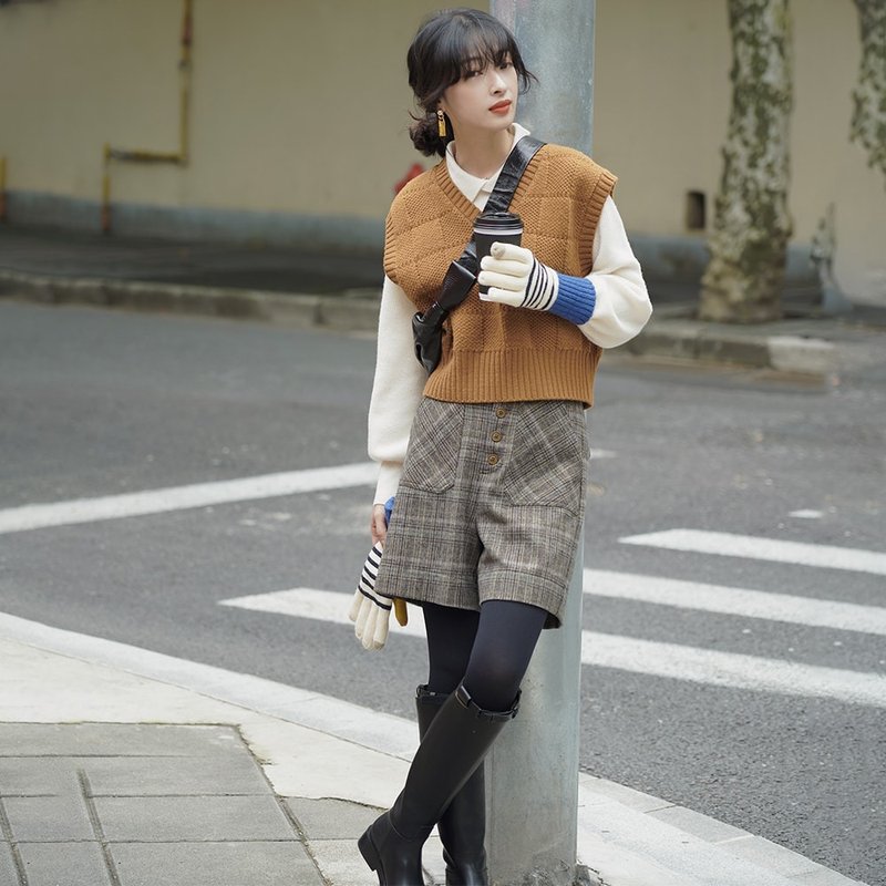 High Waist Plaid Wool Shorts|Pants|Autumn and Winter|Wool Blend|Sora-845 - Women's Shorts - Wool 