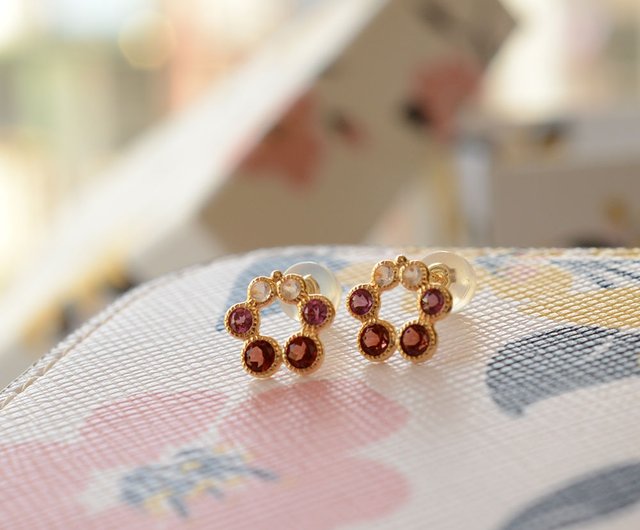 K18YGピアス ローズクォーツ・ロードライトガーネット・ガーネット ミル打ち 1月誕生石のアクセサリー K18YG ロードライトガーネット 1月の